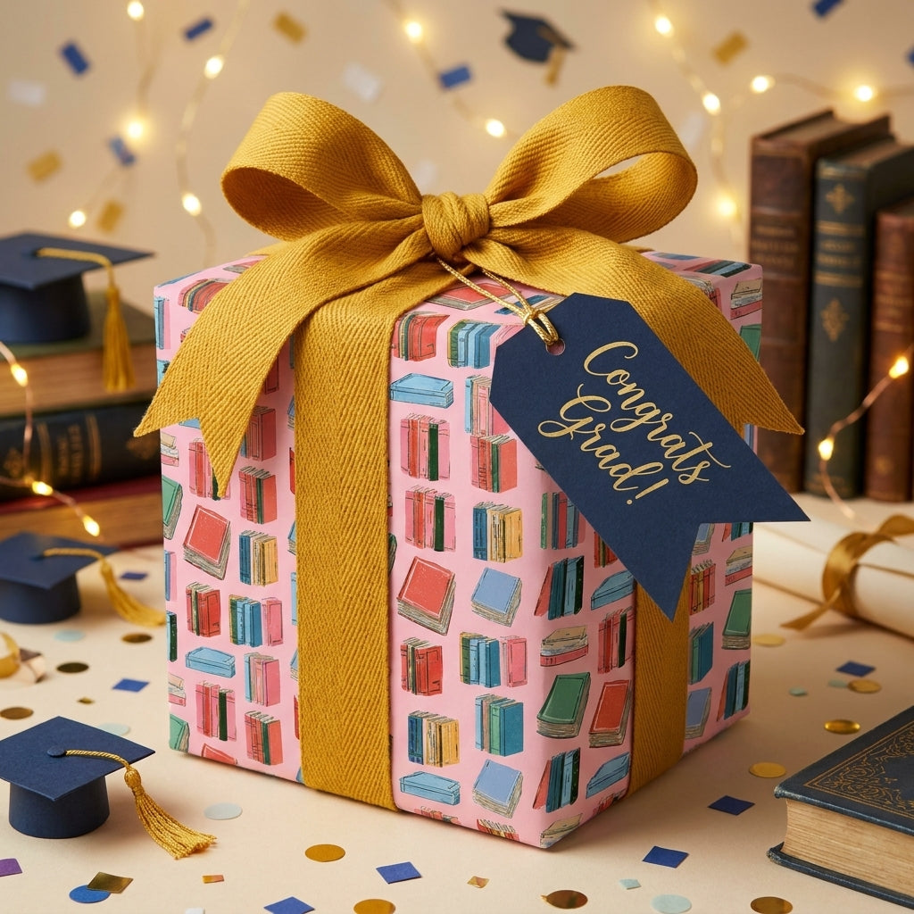 Pink book graduation wrapping paper with gold ribbon and Congrats Grad tag by Wrapped Studios.