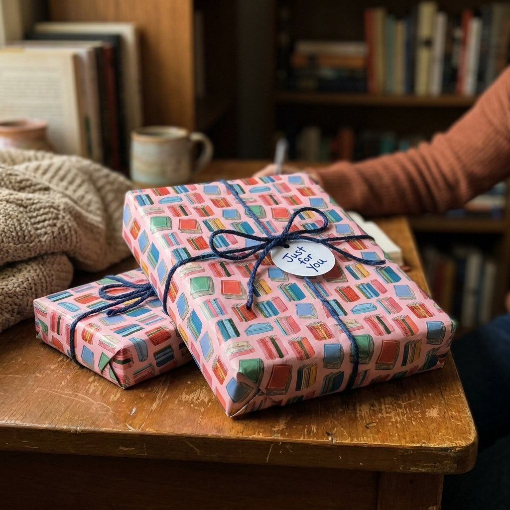 Pink bookish wrapping paper with colorful books, perfect for book lover gifts by Wrapped Studios.