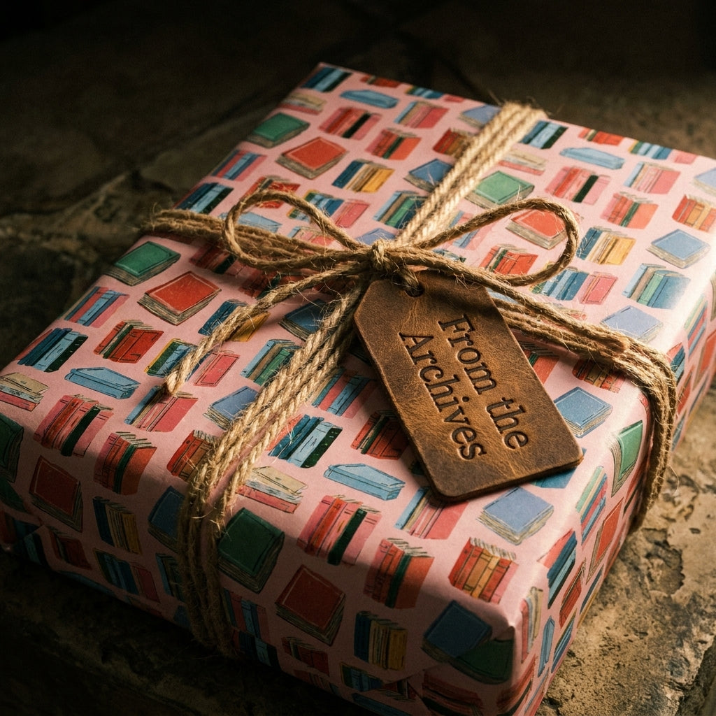Book lover wrapping paper by Wrapped Studios on a gift tied with rustic twine and a leather tag.