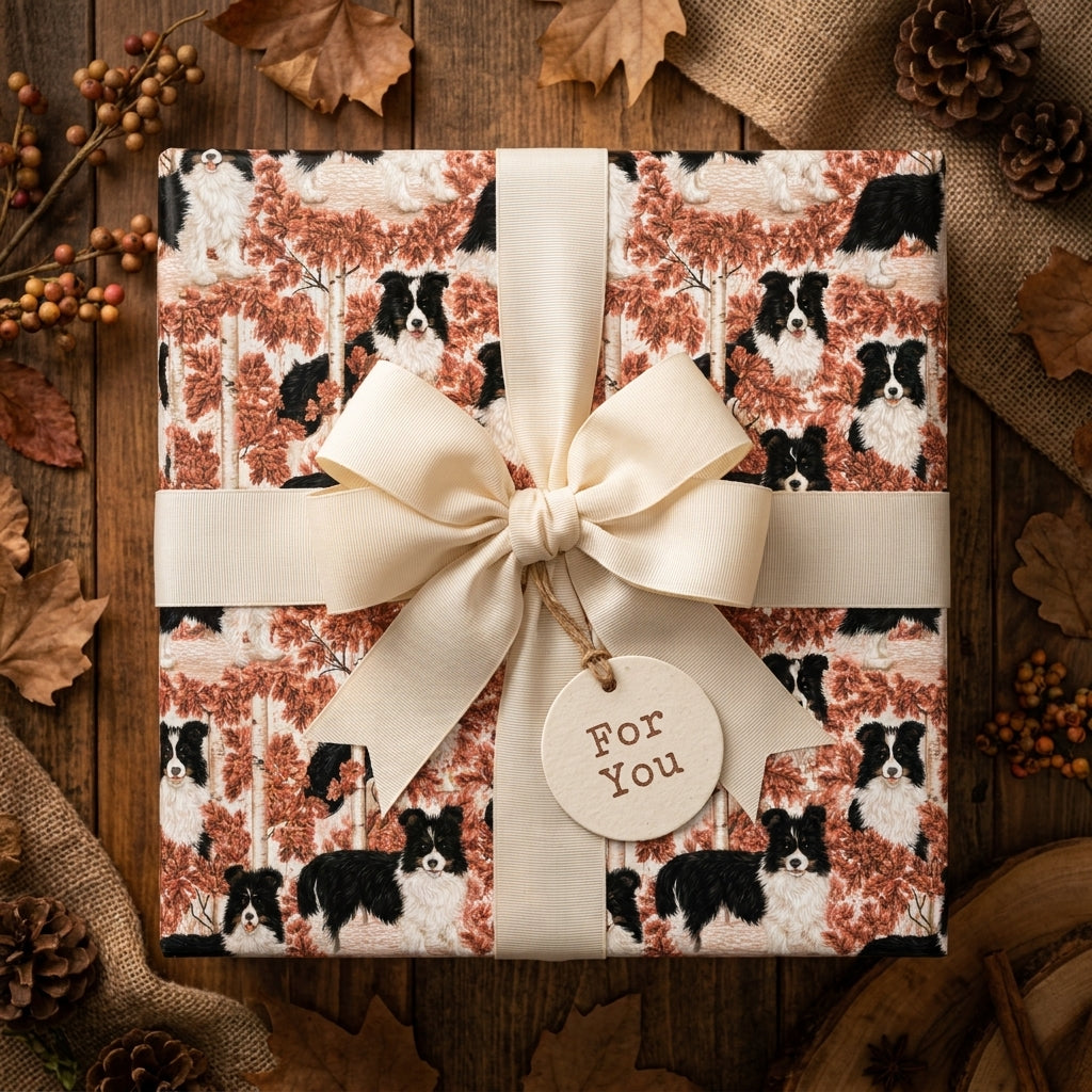 Border collie dog wrapping paper by Wrapped Studios with a cream bow on a rustic autumn background.