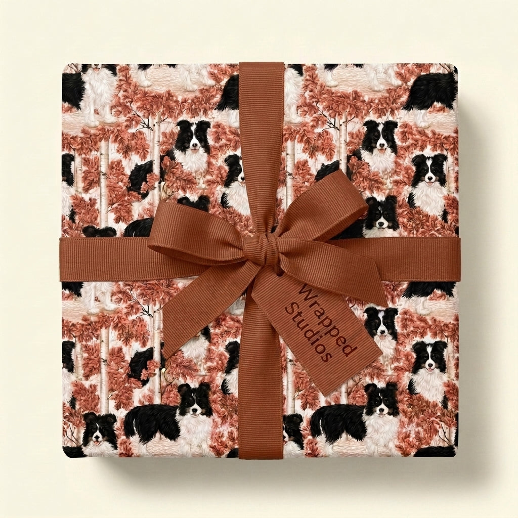Border Collie dog wrapping paper with brown ribbon on a gift box. Pet gift wrap by Wrapped Studios.