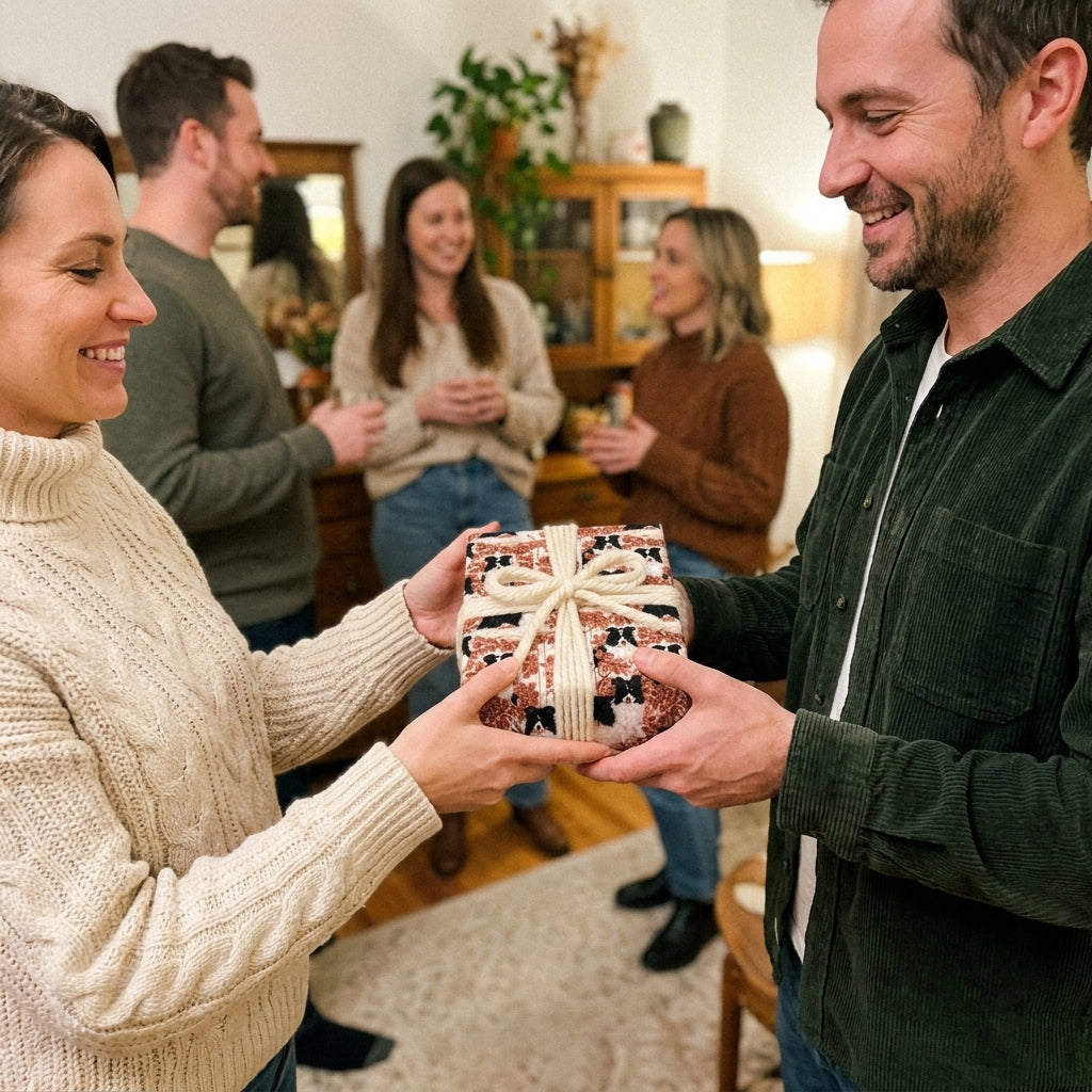Sharing a holiday gift wrapped in cute dog wrapping paper with a yarn bow, by Wrapped Studios.