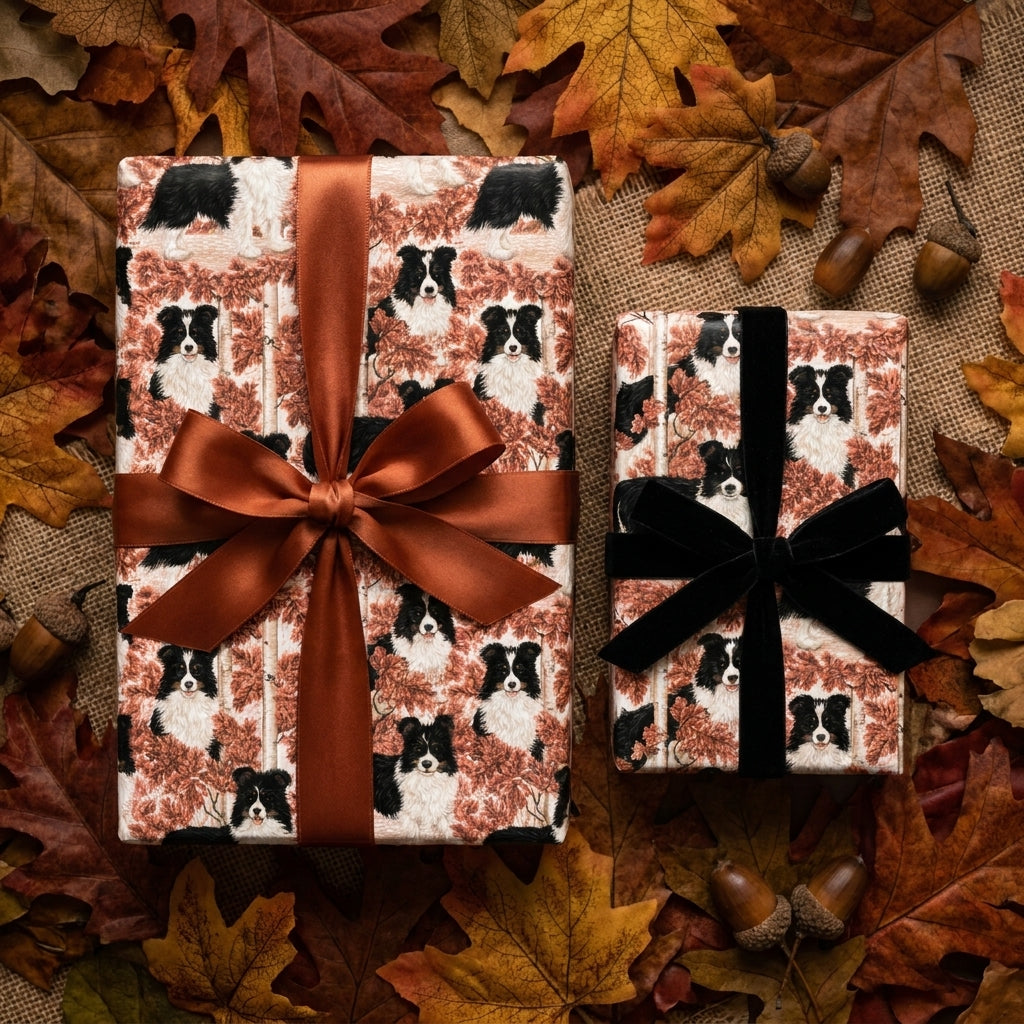 Border Collie dog wrapping paper with autumn leaves and elegant bows by Wrapped Studios.