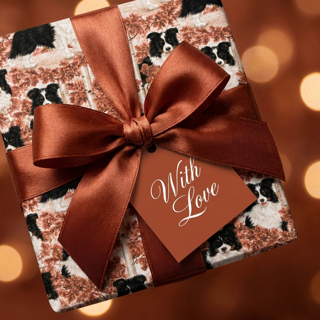 Border Collie dog wrapping paper with copper satin ribbon and love tag by Wrapped Studios.