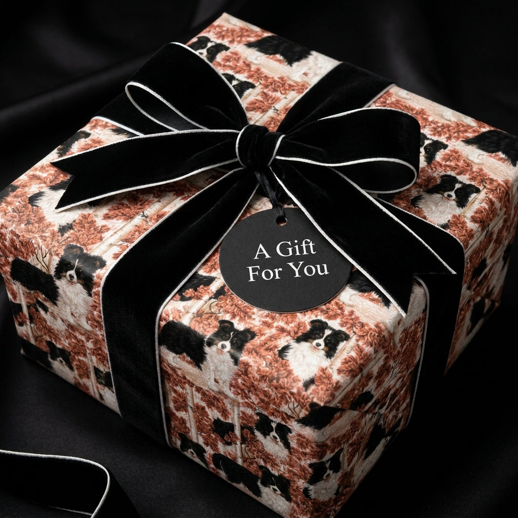 Luxury Border Collie dog wrapping paper with a black velvet bow on a gift box by Wrapped Studios.