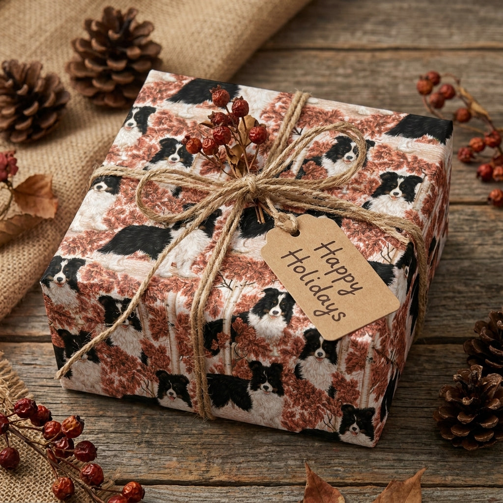 Rustic Border Collie holiday wrapping paper on a gift box with a Happy Holidays tag by Wrapped Studios.