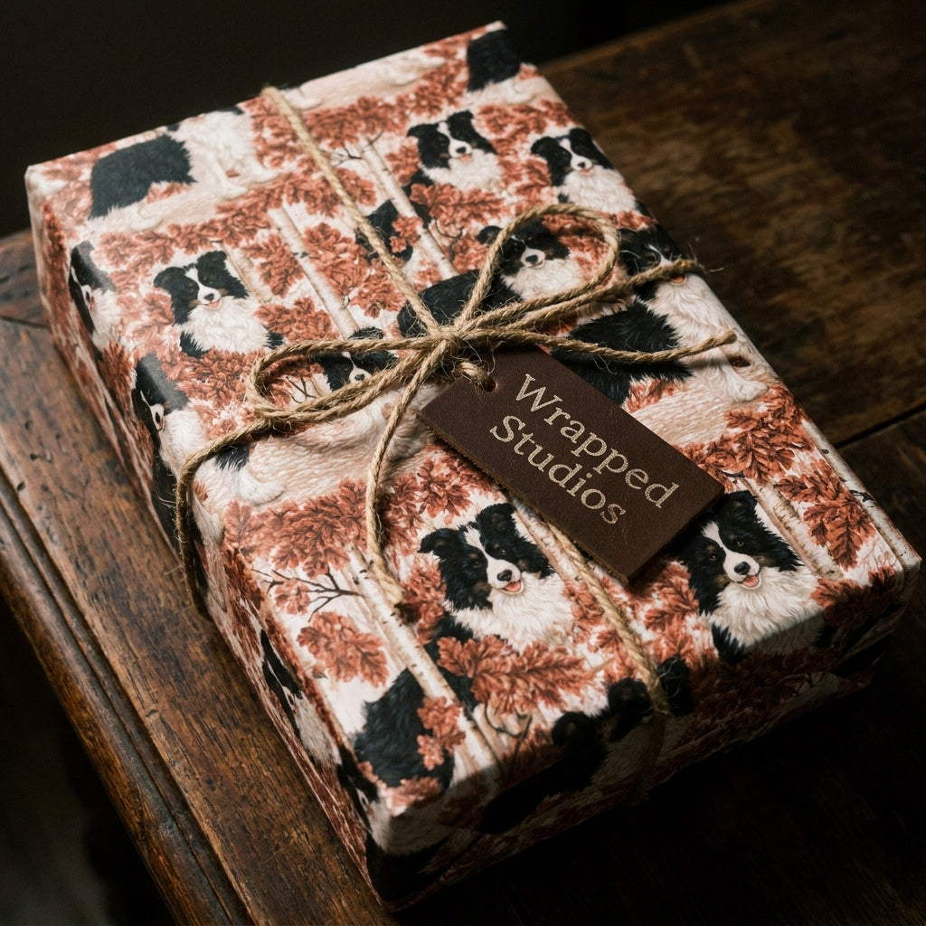 Rustic Border Collie dog wrapping paper with autumn leaves and twine bow by Wrapped Studios.