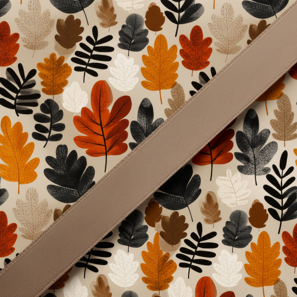 Autumn leaves patterned gift wrap with a tan ribbon for fall birthdays or Thanksgiving.