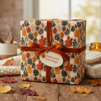 Autumn gift wrapped in modern leaf print paper with a velvet ribbon and "Autumnal Greetings" tag.