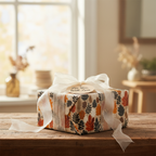 Rectangular gift wrapped in autumn leaf wrapping paper with sheer white ribbon and a "For You, With Love" tag.