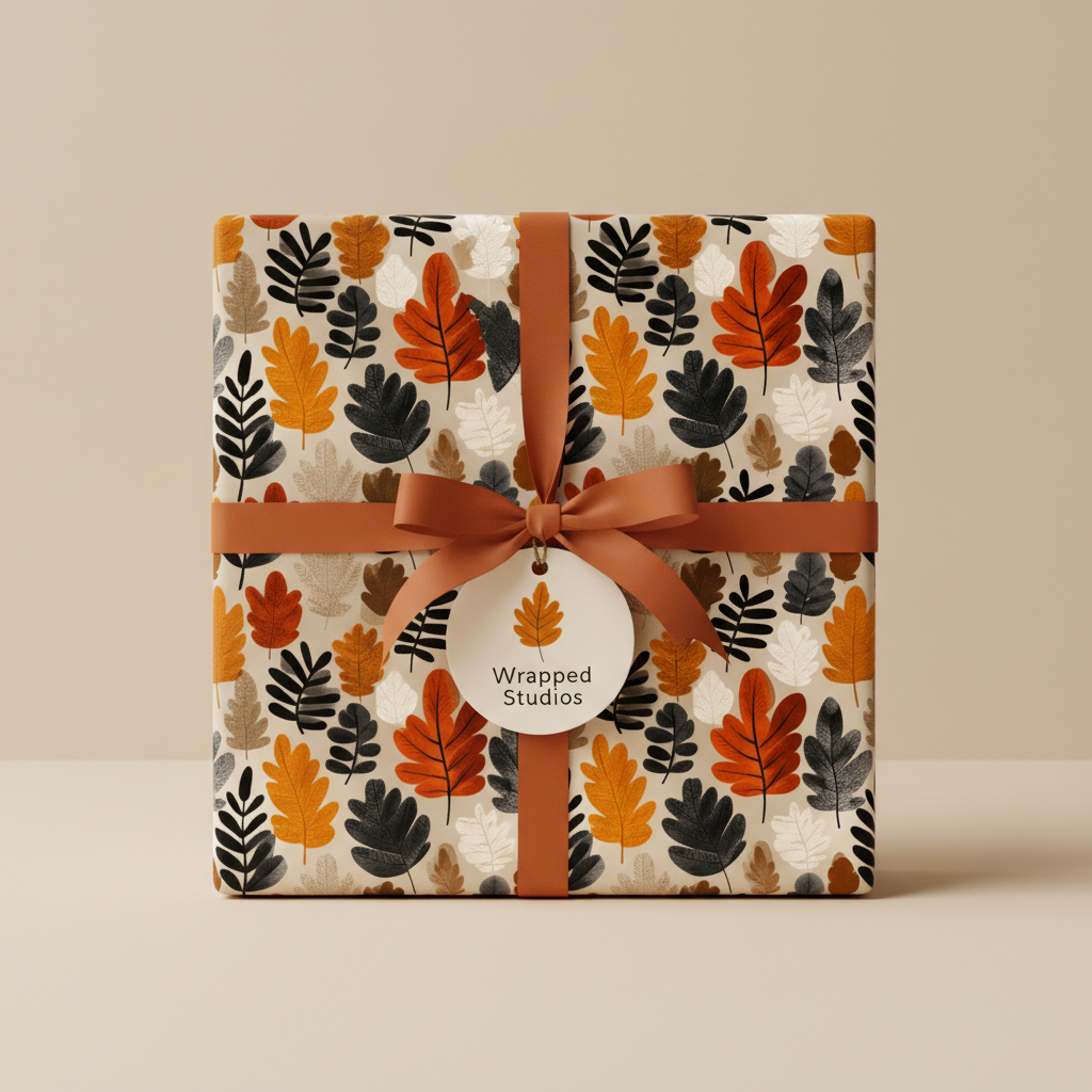 Square gift wrapped in autumn leaf pattern paper with rust-colored ribbon and bow.