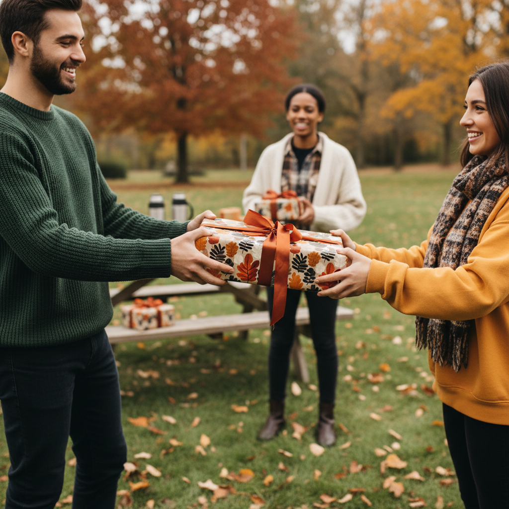 People exchanging autumn leaf wrapping paper gifts tied with a brown ribbon outdoors.