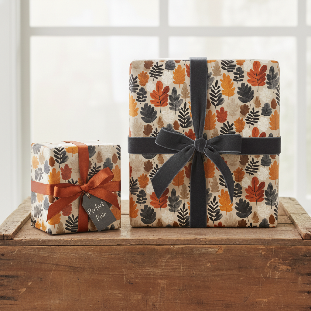 Gifts wrapped in fall leaf wrapping paper with velvet ribbons, perfect autumn birthday present.