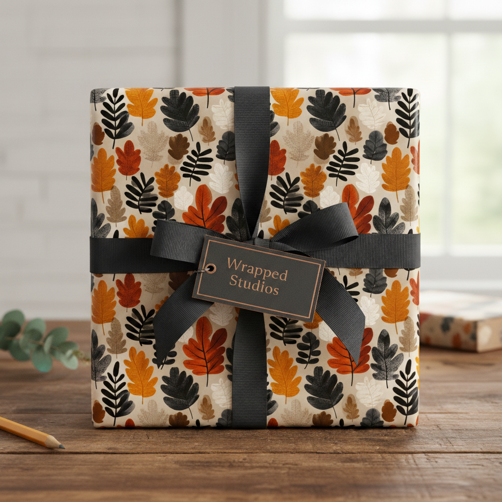 Autumn leaf pattern wrapping paper with gray ribbon on square gift box, ideal for fall or Thanksgiving.