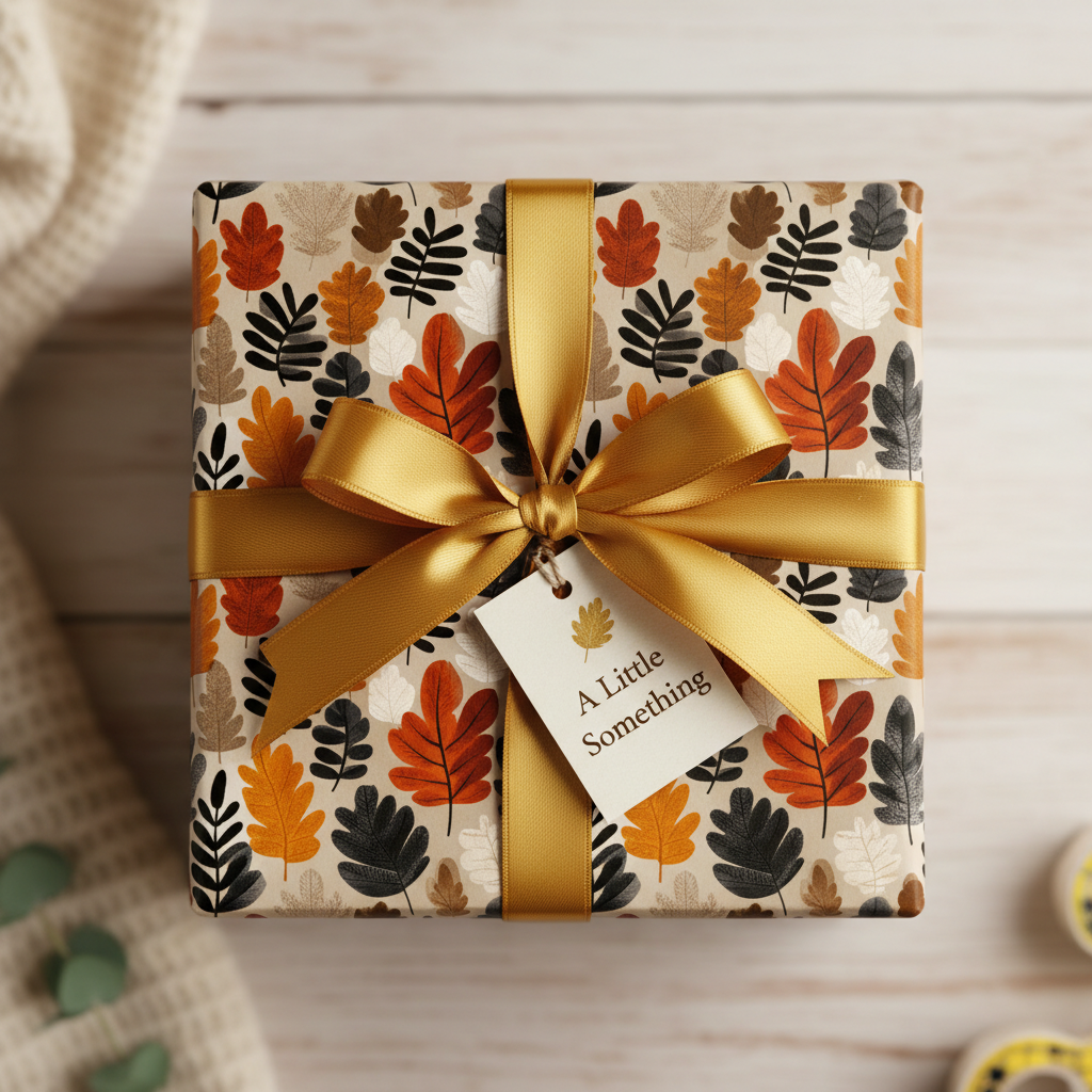 Square gift wrapped in autumn-themed leaf print wrapping paper with a gold ribbon and a gift tag.