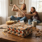 Rustic autumn gift: Orange and brown leaf print wrapping paper with twine bow, women wrapping gifts in background.