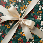 Dark green floral wrapping paper with a satin champagne ribbon, perfect for Christmas or any special gift.