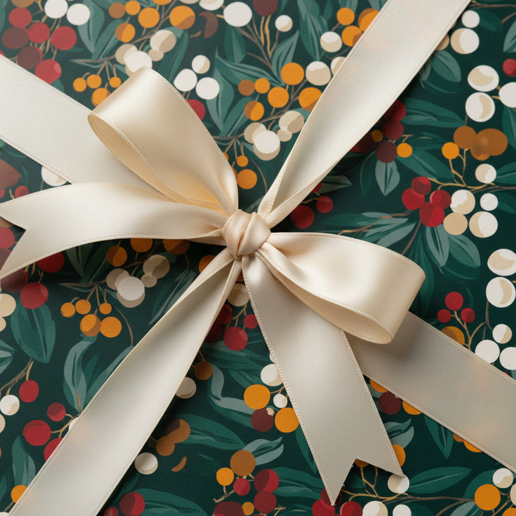 Dark green floral wrapping paper with a satin champagne ribbon, perfect for Christmas or any special gift.