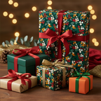 Festive Christmas gifts wrapped in colorful floral wrapping paper with elegant satin ribbons and bows.