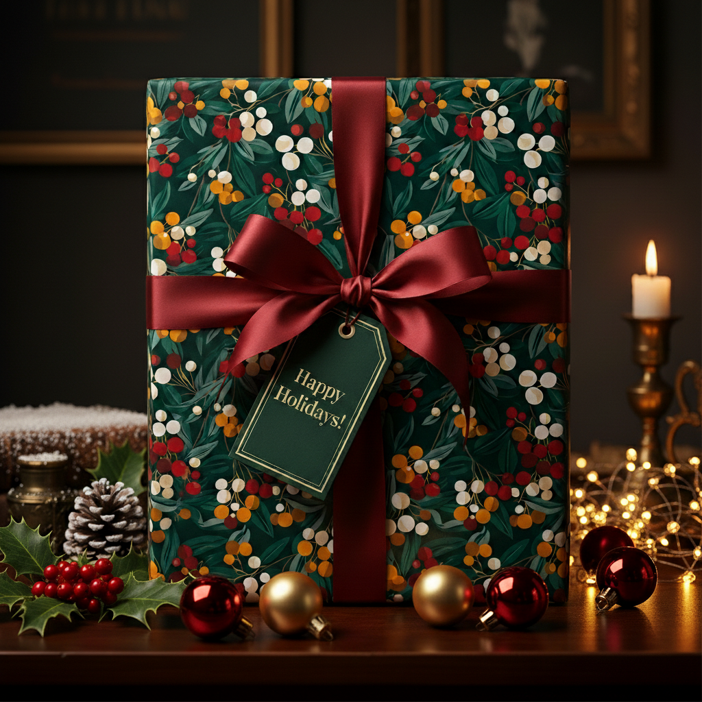 Elegant Christmas gift wrapped in floral holiday paper with burgundy ribbon and "Happy Holidays" tag.