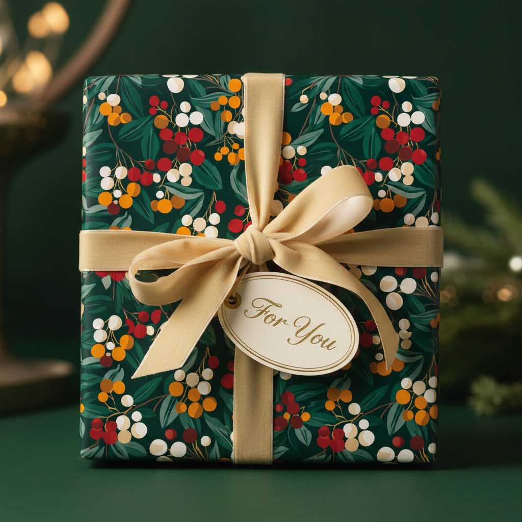 Elegant Christmas gift wrapped in dark green floral wrapping paper with gold ribbon and "For You" tag.