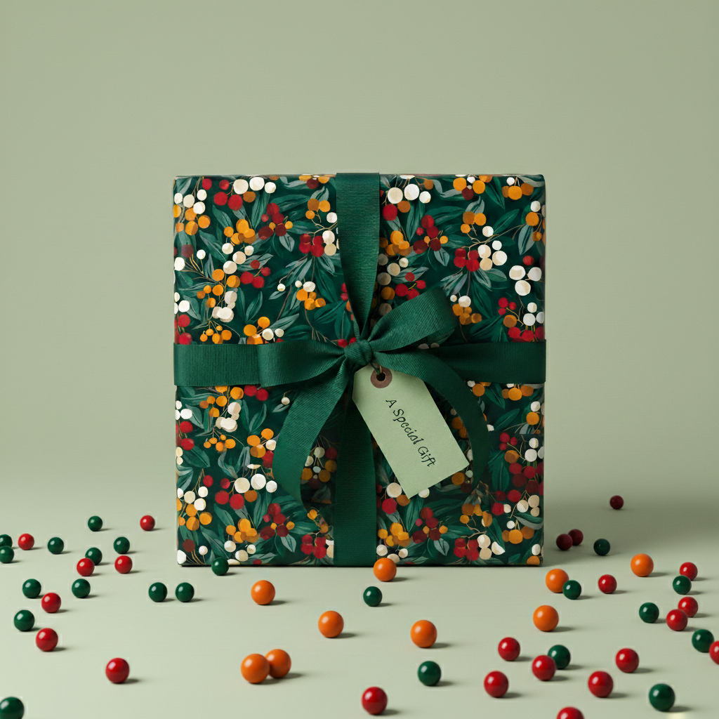 Square gift wrapped in floral Christmas gift wrap with green ribbon and "A Special Gift" tag.