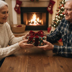 Couple exchanging a Christmas gift wrapped in floral wrapping paper with a velvet burgundy bow.