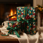 Elegant Christmas gift wrap: Green wrapping paper with a vintage floral design and satin ribbon bows.
