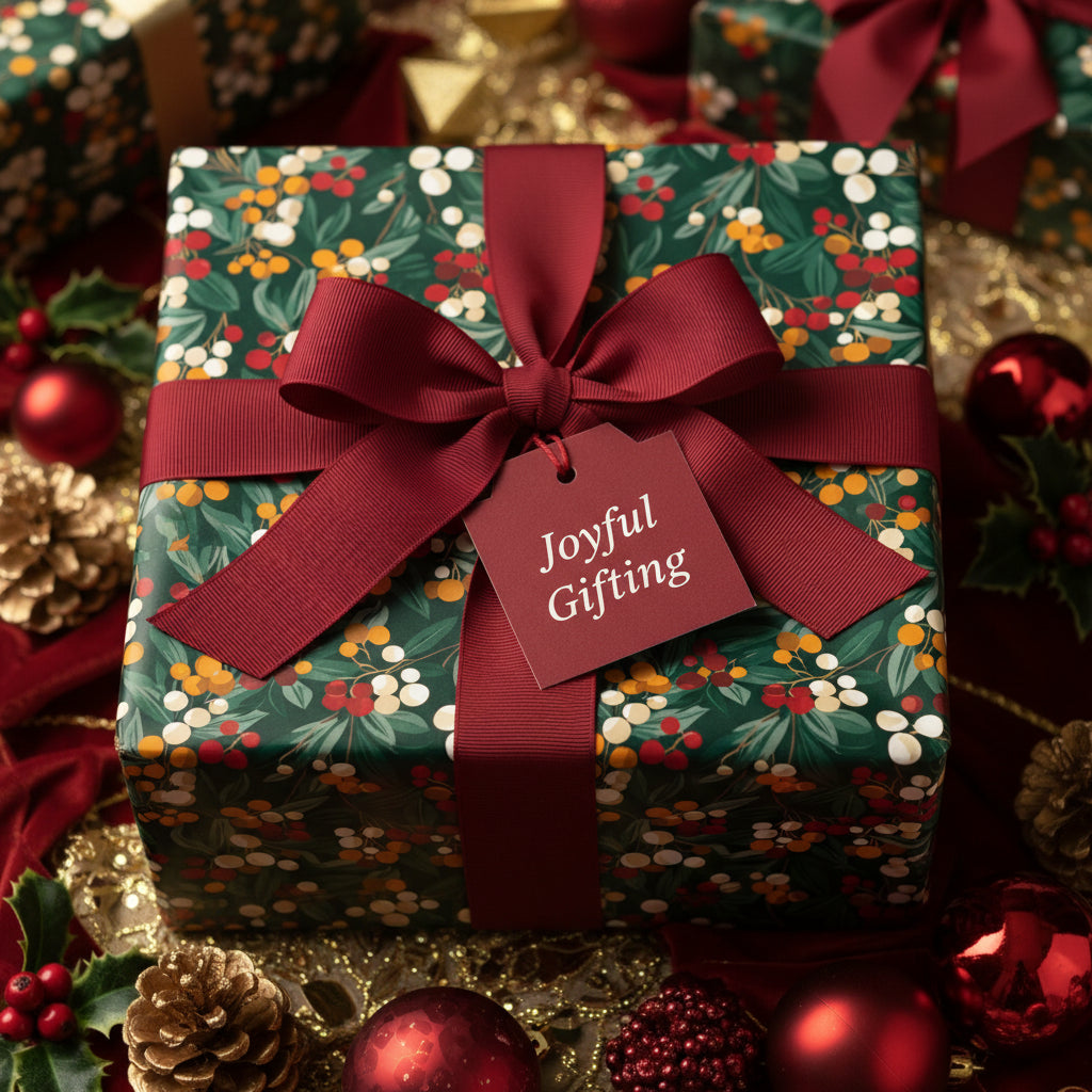 Elegant Christmas gift wrapped in botanical floral paper with a burgundy ribbon and "Joyful Gifting" tag.