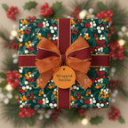 Elegant Christmas gift wrapped in floral wrapping paper with red ribbon and sheer copper bow.