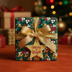 Elegant Christmas gift wrap: Green floral wrapping paper with a gold ribbon and "Merry & Bright" star tag.