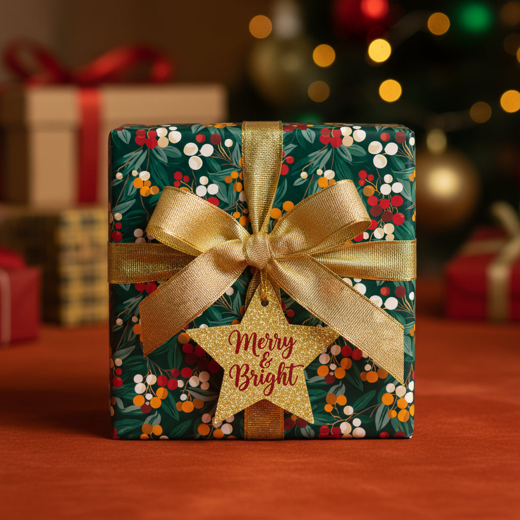 Elegant Christmas gift wrap: Green floral wrapping paper with a gold ribbon and "Merry & Bright" star tag.