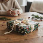 Dark green floral wrapping paper on a gift box with a cream ribbon, berries, and a tag.