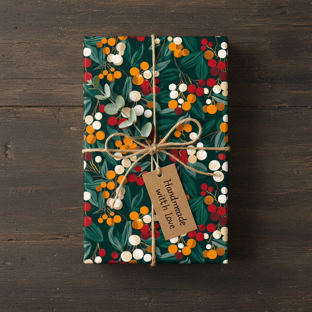 Dark green floral wrapping paper with berries, tied with twine and tag on rustic wood background.