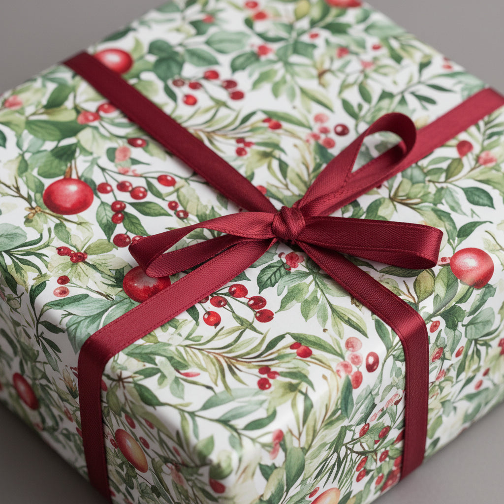 Square gift wrapped in festive Christmas floral paper with a red satin ribbon.