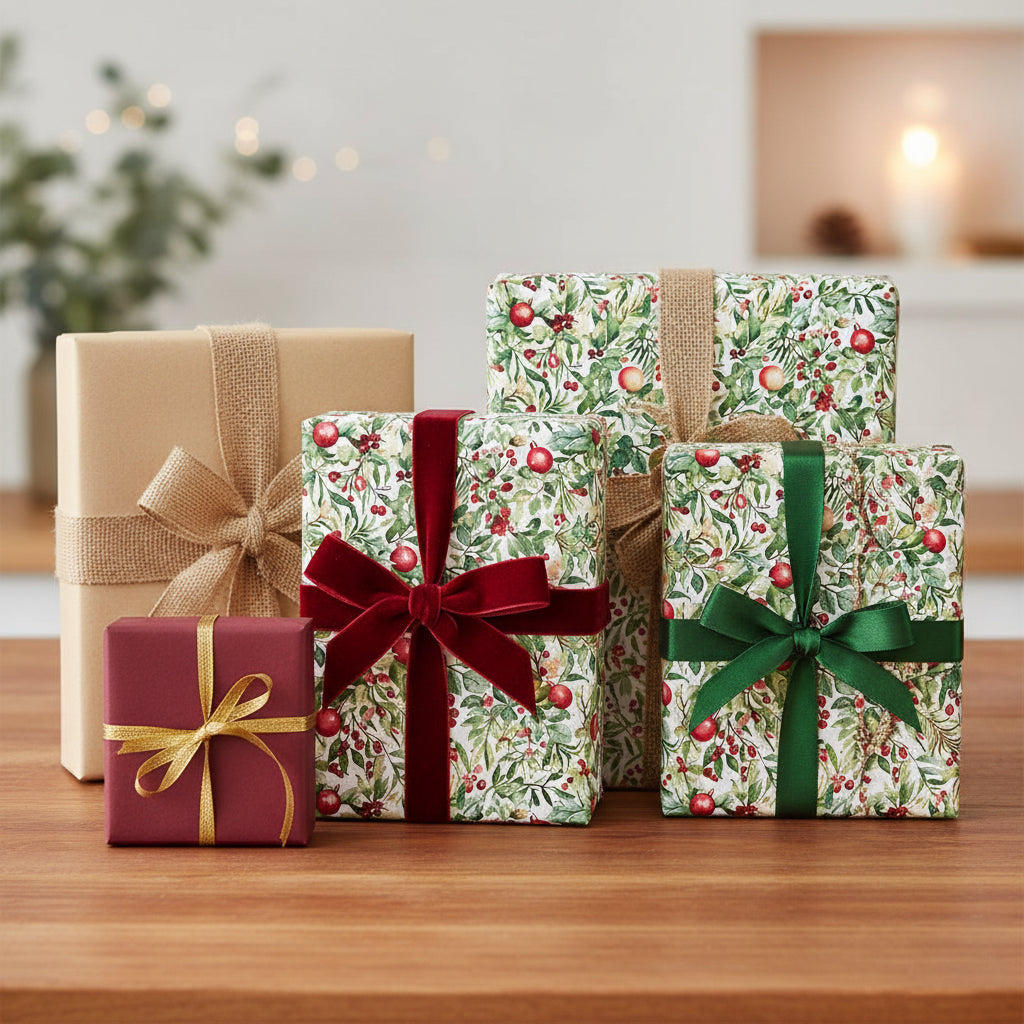 Festive gifts wrapped in floral Christmas wrapping paper, tied with velvet and burlap ribbons on a wooden table.