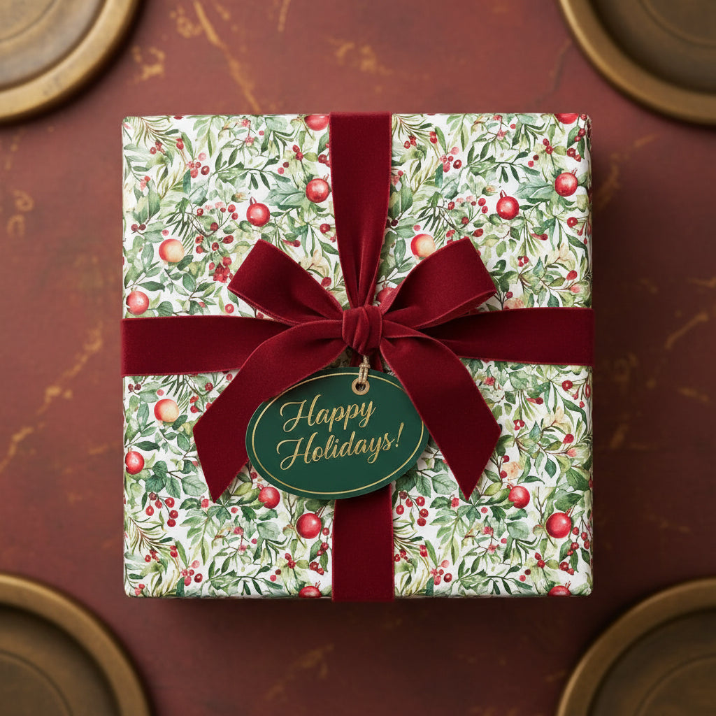 Square gift wrapped in floral Christmas wrapping paper with a red velvet bow and "Happy Holidays!" tag.