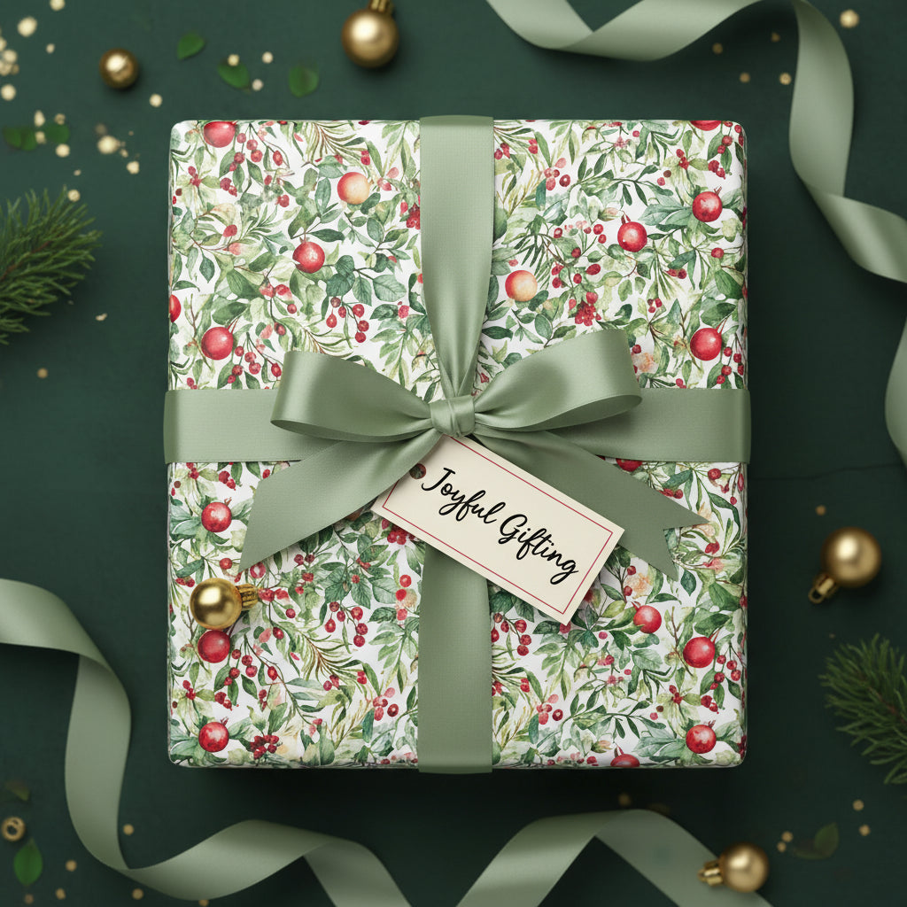 Elegant Christmas gift wrap with botanical print and green ribbon on a dark green background.