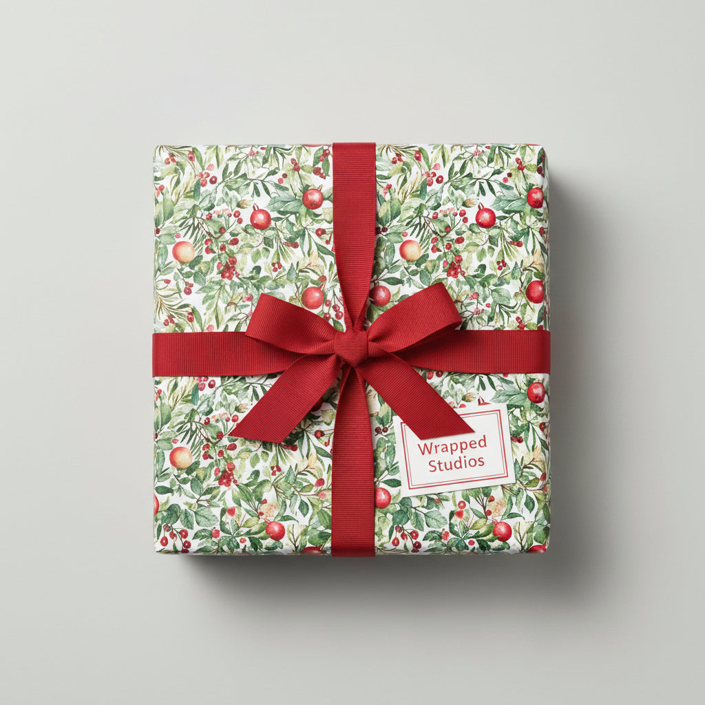 Square gift wrapped in festive floral Christmas gift wrap with a red ribbon bow.