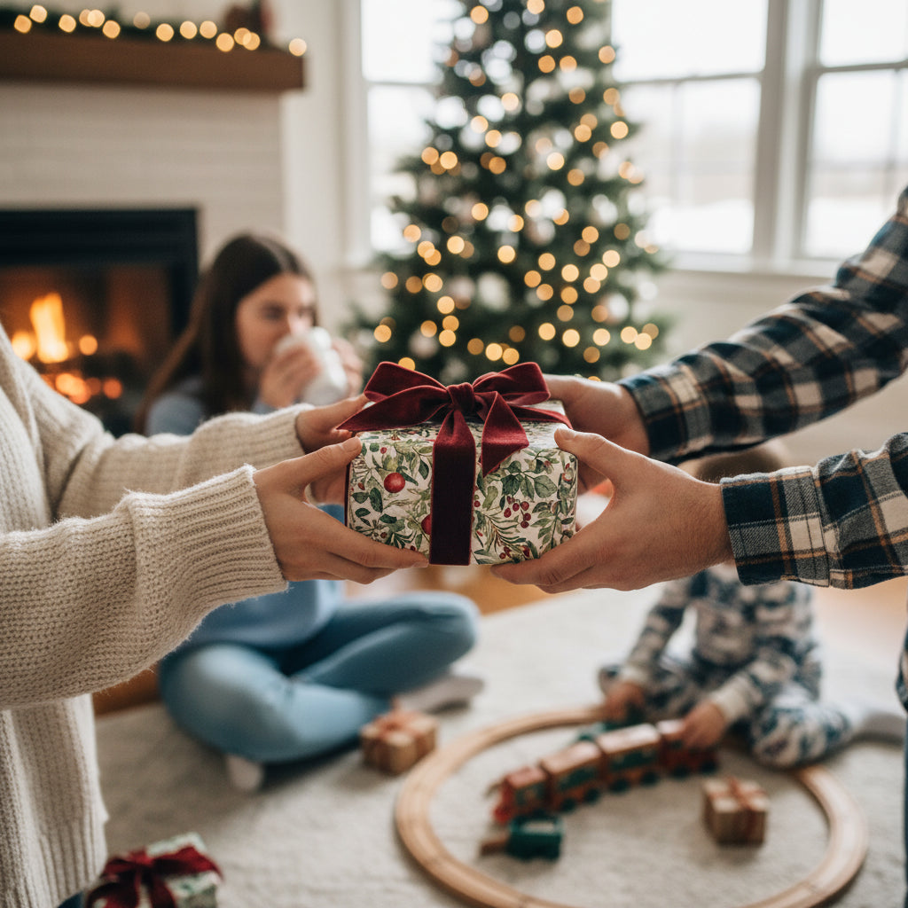 Exchanging Christmas gift wrapped in floral paper with red velvet ribbon.