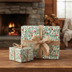 Festive Christmas gift wrap with red berries and green foliage, tied with rustic burlap ribbon, near a cozy fireplace.