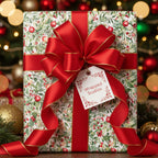 Festive Christmas gift wrap with red ribbon and a botanical holly berry design.
