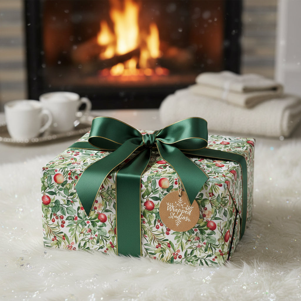 Elegant Christmas gift wrap with apples and greenery, emerald ribbon, near a cozy fireplace.