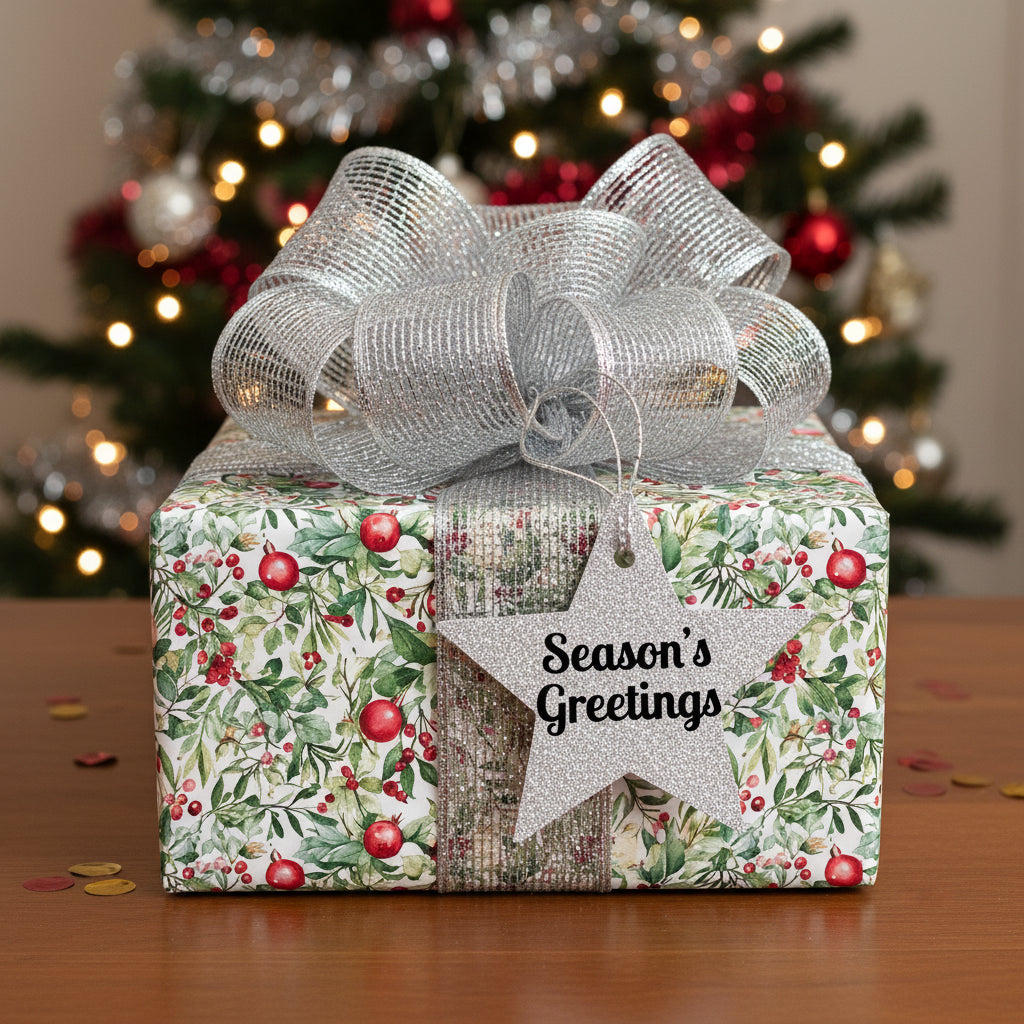 Christmas gift with floral wrapping paper, silver ribbon, and "Season's Greetings" star tag.