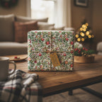 Christmas gift wrapped in botanical floral wrapping paper with red berry accents and twine on a wood table.