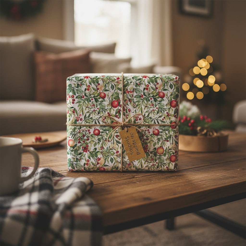 Christmas gift wrapped in botanical floral wrapping paper with red berry accents and twine on a wood table.