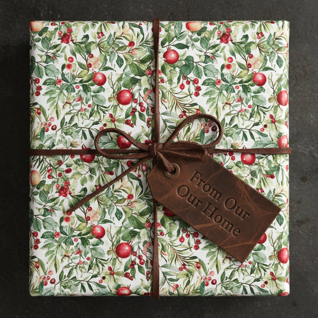 Square gift wrapped in floral Christmas wrapping paper with red berries and tied with a brown suede ribbon.