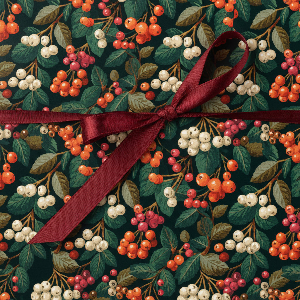 Elegant Christmas wrapping paper with a botanical berry print and a burgundy satin ribbon.