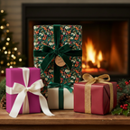 Christmas gift boxes wrapped in floral paper, velvet ribbons, on a wooden table in front of a fireplace.