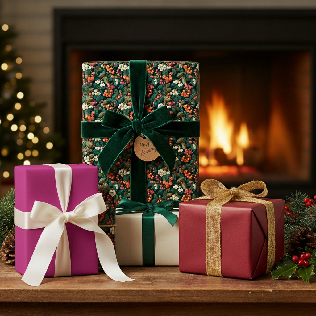 Christmas gift boxes wrapped in floral paper, velvet ribbons, on a wooden table in front of a fireplace.